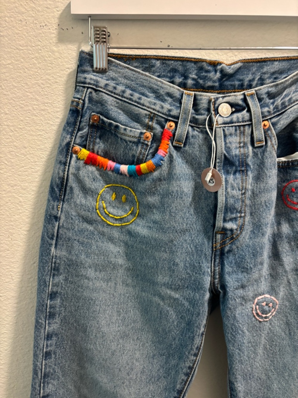 Embroidered Smile Patch Distressed Women's Jeans - Light Blue, size XS - Picture 2 of 6